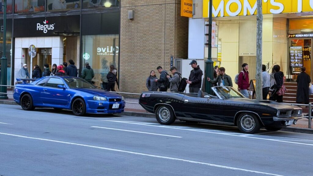 SKYLINE GT-R R34 and Barracuda Cuda in Tokyo, Shibuya